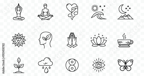 Yoga meditation symbols vector illustration, flat design icons set, spiritual and wellness elements