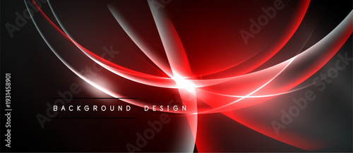 Abstract red lines curve over dark background. Bright central glow creates dynamic visual effect. Modern design element.