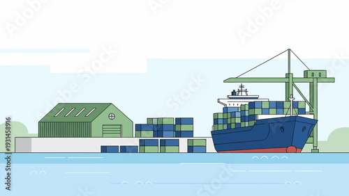 Cargo Ship Unloading Containers at Port Terminal.