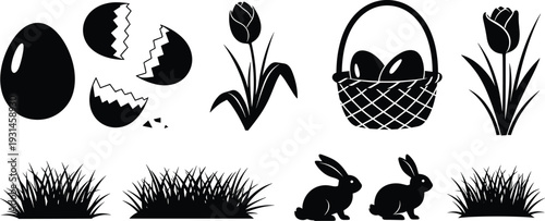 Black and white of easter eggs, tulips, a basket, and rabbits in a spring setting cracked eggs