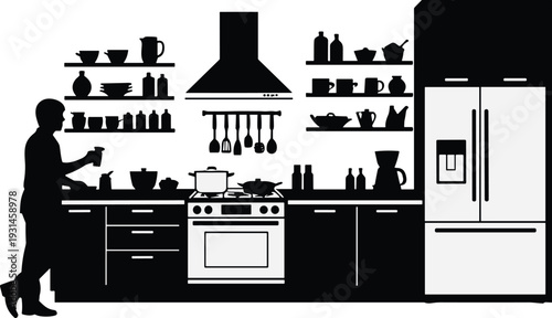 Modern kitchen silhouette, person drinking, kitchen interior, stove oven, refrigerator, range hood, utensils, coffee maker, shelves, domestic scene, home design