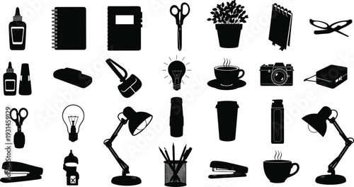 Office supplies silhouette icons, desk accessories, stationery illustration, black outline design, coffee cup, lamp, notebook, scissors, stapler, plant, pencil sharpener