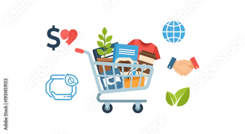 Sustainable Shopping Cart with Ethical Consumerism, Global Commerce, and Business Partnership Icons