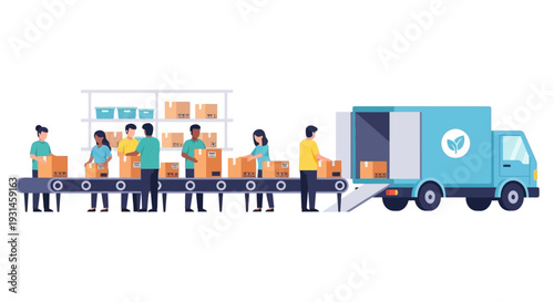 Efficient Warehouse Logistics: Team Packing Boxes on Conveyor Belt for Truck Delivery. E-commerce Fulfillment & Supply Chain Operations.