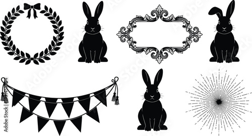 Black and white silhouette of bunnies, wreaths, frames, bunting, and starburst patterns rabbits