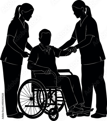Healthcare workers assisting elderly man in wheelchair silhouette.
