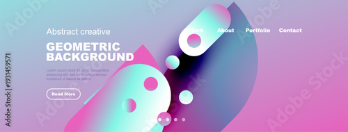Abstract geometric background design. Vibrant colors, shapes, text elements present. Modern aesthetic, suitable website header.