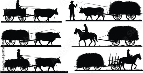 Ox cart silhouette, horse cart, rural farming, agricultural transport, traditional village life, hay load, countryside heritage, manual labor, black outline illustration