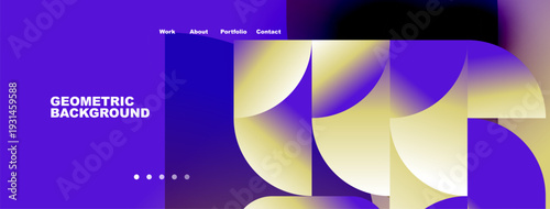 Purple header displays website navigation. Geometric shapes create vibrant background. Dots indicate multiple slides. Modern design.