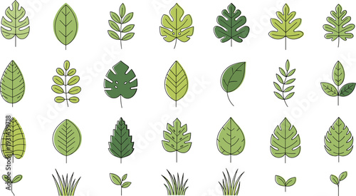 Collection of various green and yellow leaves and plants arranged in a grid pattern nature