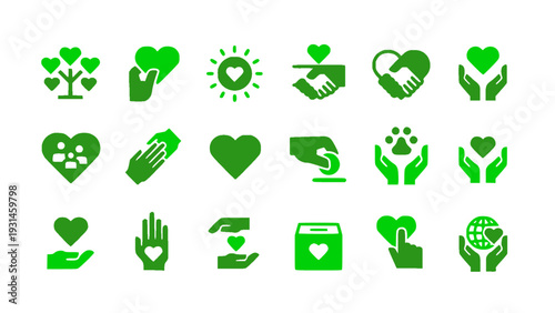 Love, care, and charity icons with heart, helping hands, and support symbols. Flat green vector EPS.