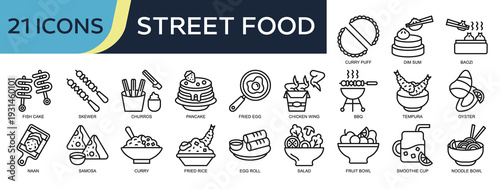 Collection of Street Food icons, related to Dim Sum, Fish Cake, Skewer, Pancake, Bbq and more. Outline icons vector illustation.