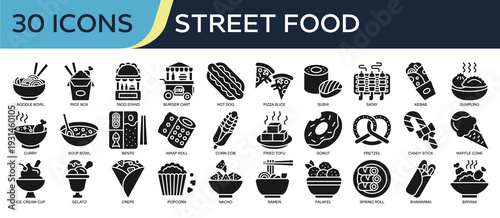 Collection of Street Food icons, related to Noodle Bowl, Rice Box, Taco Stand, Sushi, Soup Bowl and more. Glyph icons vector illustation.