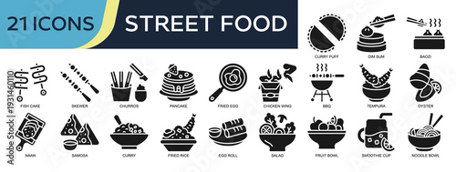 Collection of Street Food icons, related to Dim Sum, Fish Cake, Skewer, Pancake, Bbq and more. Glyph icons vector illustation.