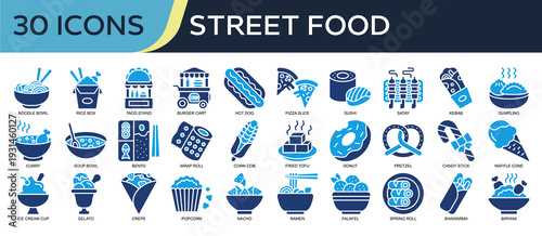 Collection of Street Food icons, related to Noodle Bowl, Rice Box, Taco Stand, Sushi, Soup Bowl and more. Solid icons vector illustation.