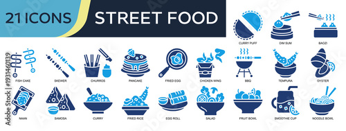 Collection of Street Food icons, related to Dim Sum, Fish Cake, Skewer, Pancake, Bbq and more. Solid icons vector illustation.