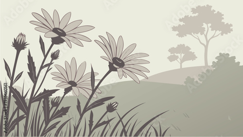 Elegant Monochromatic Landscape with Daisy Wildflowers and Rolling Hills