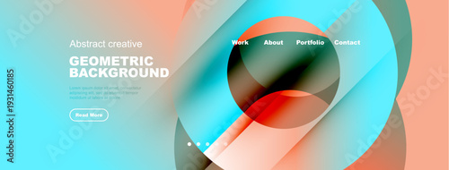 Abstract website header design. Vibrant colors, geometric shapes, text elements present. Modern, fluid aesthetic.