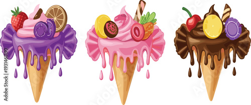 Colorful ice cream cone collection vector illustration with dripping glaze and fruit toppings isolated on light background