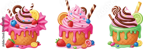 Colorful Ice Cream Sundae Cups with Whipped Cream Chocolate Drip Wafers and Fresh Fruits Cartoon Vector Illustration