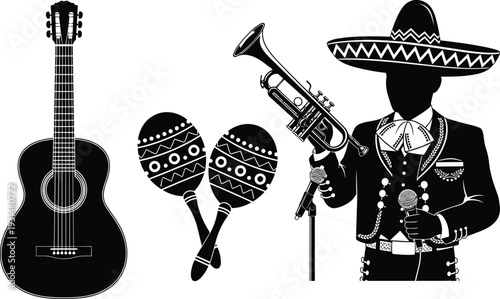 Black and white of a mariachi musician with guitar maracas and trumpet