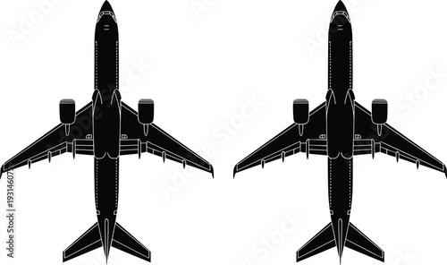 Airplane top view silhouettes in flat vector style, black commercial jet aircraft illustrations isolated for aviation logo, travel branding, and transport design