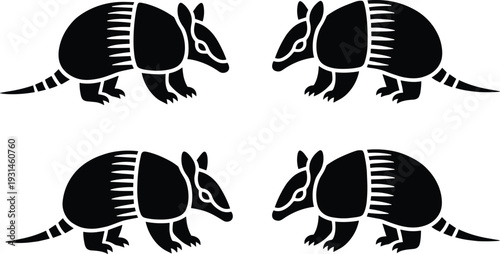 Armadillo silhouettes collection in flat vector style, black wild animal illustrations in side view poses isolated for wildlife logo and stencil design