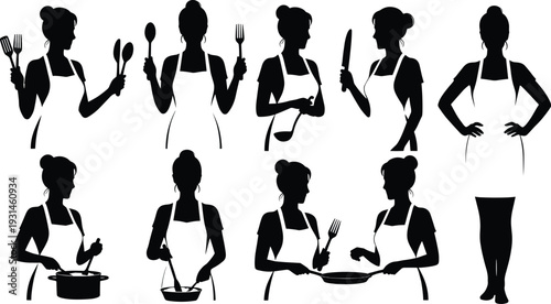 Black silhouette collection of female chefs and home cooks wearing aprons holding kitchen utensils like spatulas, whisks, and pans for culinary restaurant design concepts.