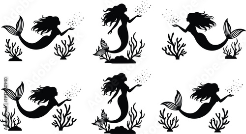 Black Mermaid Silhouette Vector Set with Coral Reef Elements and Magic Sparkles for Underwater Fairy Tale Design, Nautical Silhouette Illustration, and Ocean Themed Crafts