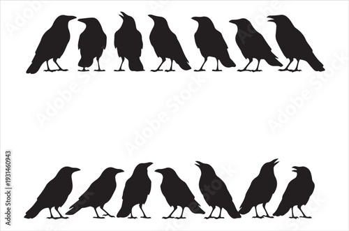 A flock of black birds perched on a line silhouetted against white