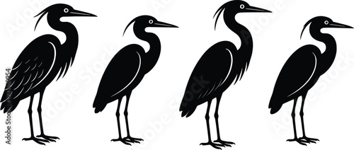 Heron bird silhouettes collection in flat vector style, black wading bird illustrations isolated for wildlife logo, nature branding, and decorative design