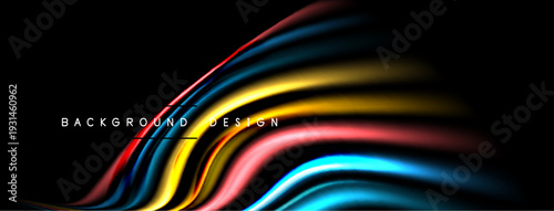 Abstract colorful waves flow across black background. Dynamic lines create modern design element. Bright hues offer visual impact.