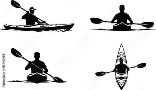 Kayaker silhouettes set in flat vector style, black canoe and paddle illustrations in side and top views isolated for water sport design