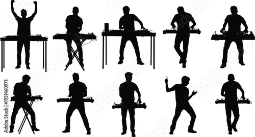 Black silhouette collection of professional male DJs performing on stage with turntables, mixers, and controllers isolated on white background for music event design concepts.