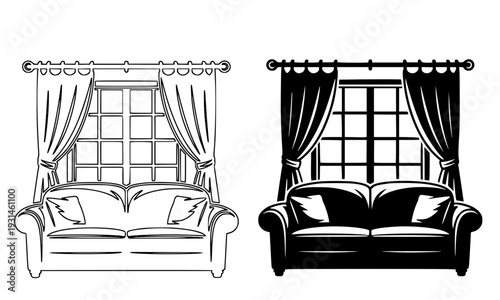  Living room interior with sofa, cushions, curtains, and window in outline and silhouette style, depicting a classic elegant home decor and furniture design concept for interior themes