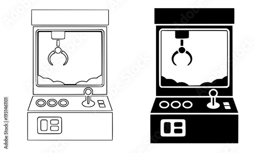 Claw crane arcade game machine icon in outline and silhouette style, depicting a classic amusement prize grabber toy machine concept for gaming, entertainment, and fun design themes
