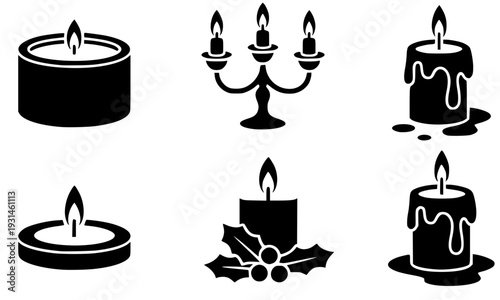 Candle icon set in black silhouette style featuring tealight, candelabra, dripping candle, and Christmas holly candle designs for festive, religious, and decorative celebration themes