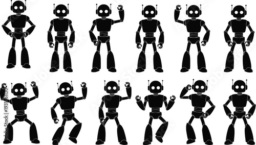 Black Silhouette Robot Character Set with Multiple Poses and Gestures for Artificial Intelligence Technology Future Automation Android Mascot Vector Illustration Collection for Graphic Design