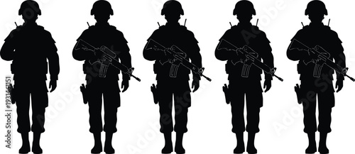 Black silhouette set of five modern soldiers standing in full tactical gear with rifles and helmets isolated on white background for military concepts.