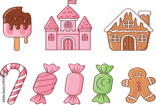 Cute Candy and Fairy Tale House Vector Set with Ice Cream Castle Gingerbread and Sweet Cartoon Elements
