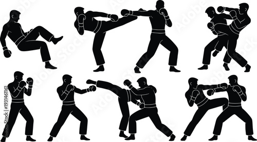 Black silhouette set of kickboxing and mma fighters practicing martial arts combat techniques including high kicks punches and defensive sparring stances on white background