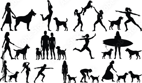 Black silhouettes of people walking dogs, exercising with pets, running, and surfing isolated on white background, perfect for active lifestyle and animal companionship concepts.