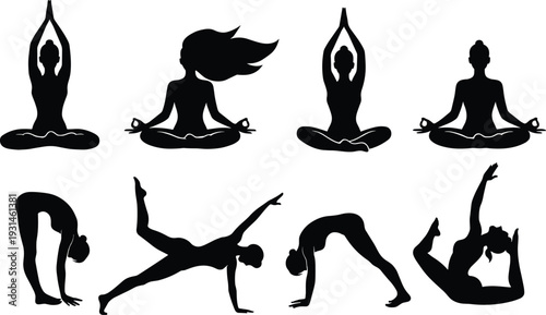 Black Yoga Silhouettes Set Featuring Women in Meditation Lotus Pose Downward Dog Forward Fold and Athletic Fitness Exercises Isolated on White Background for Wellness Design