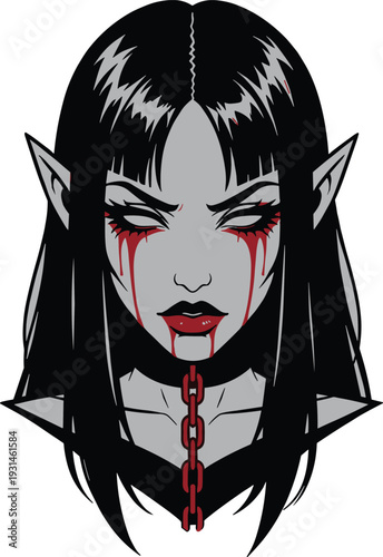 Dark Gothic Vampire Woman with Bleeding Eyes and Elf Ears Wearning Choker Chain Digital Vector Illustration for Halloween Horror Fantasy and Emo Concept Art