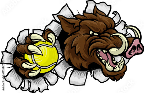 A wild boar, hog razorback warthog pig mean tough cartoon sports mascot holding a tennis ball
