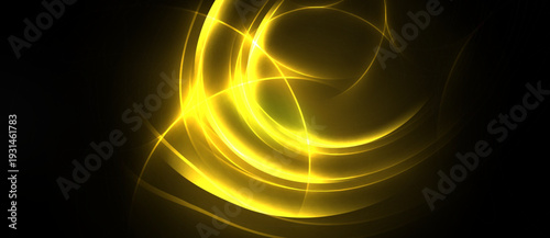 Golden light swirls, curves radiate from center. Dark background emphasizes bright energy, dynamic composition. Abstract design evokes motion.