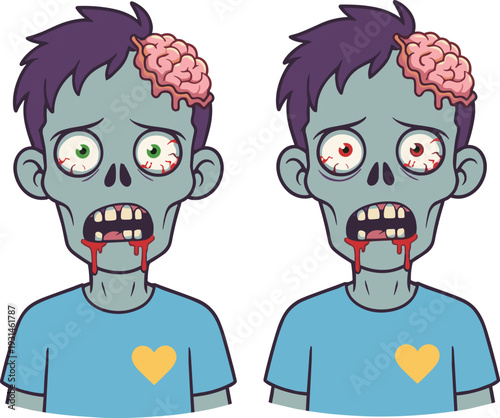 Scary Cartoon Zombie Character Vector Illustration with Exposed Brain and Red Eyes Wearing Blue Shirt with Heart Symbol Isolated on White Background