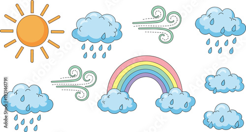 Colorful weather including sun, rain clouds, wind swirls, and a rainbow yellow rays blue