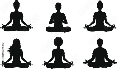 Set of diverse black silhouettes of people practicing yoga and meditation in lotus pose with mudra hands isolated on white background for wellness