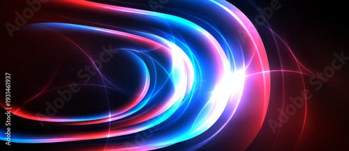 Abstract light streaks, vibrant colors, flowing curves. Dynamic composition creates energy, modern aesthetic. Dark background emphasizes luminosity.